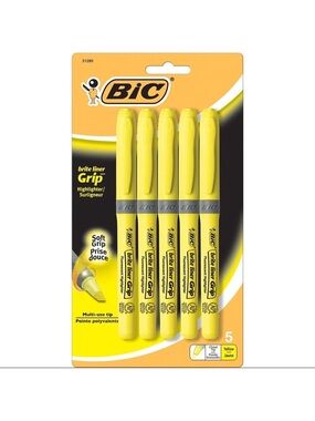 *BRAND NEW* BIC Pack Of 5 Brite Liner Soft Grip Multi-Use Tip Yellow Highlighter